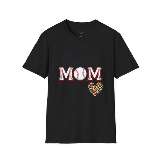 Baseball Mom Leopard Heart T-Shirt – Softstyle Unisex Tee | Trendy Game Day Shirt | Cute Animal Print Baseball Mom Top