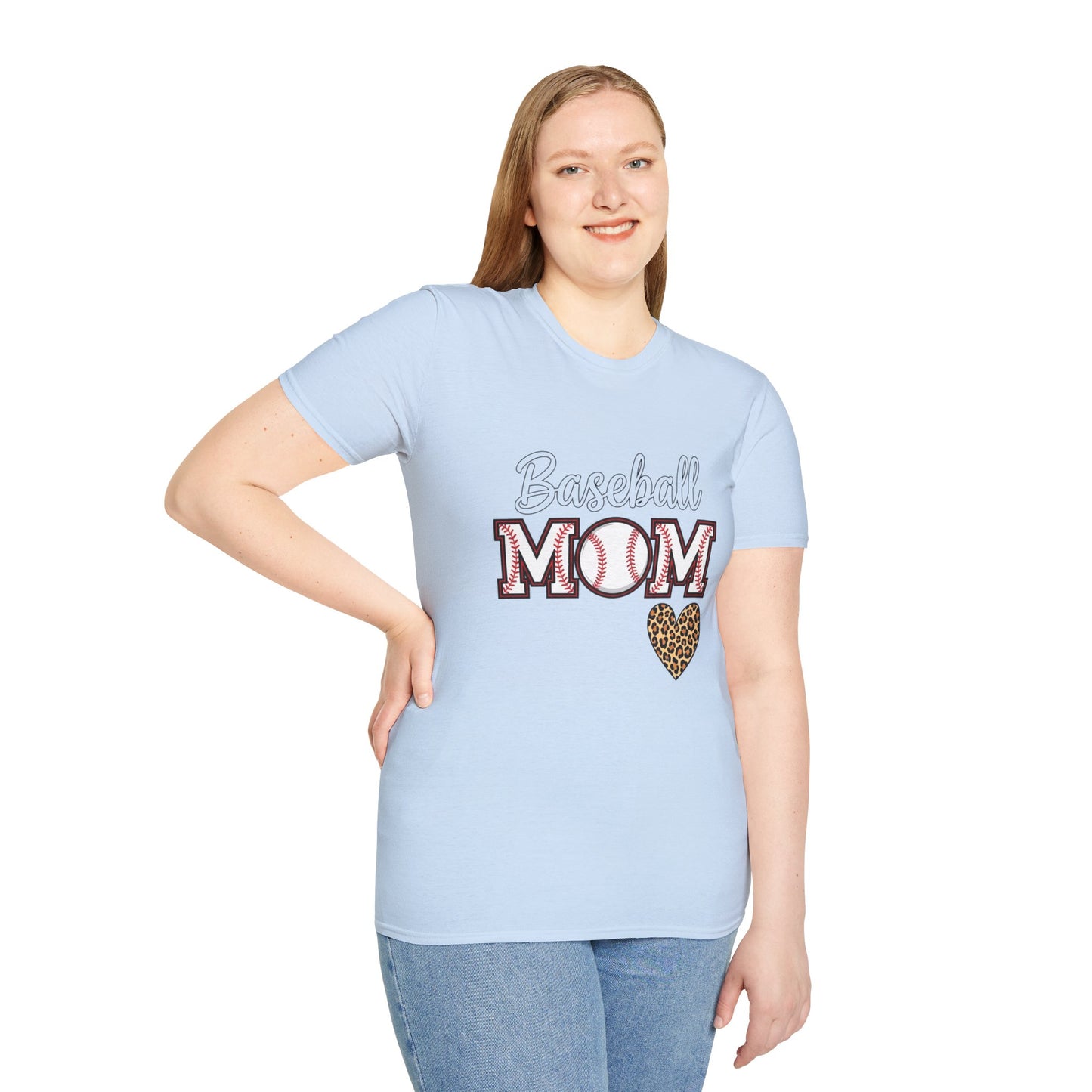 Baseball Mom Leopard Heart T-Shirt – Softstyle Unisex Tee | Trendy Game Day Shirt | Cute Animal Print Baseball Mom Top