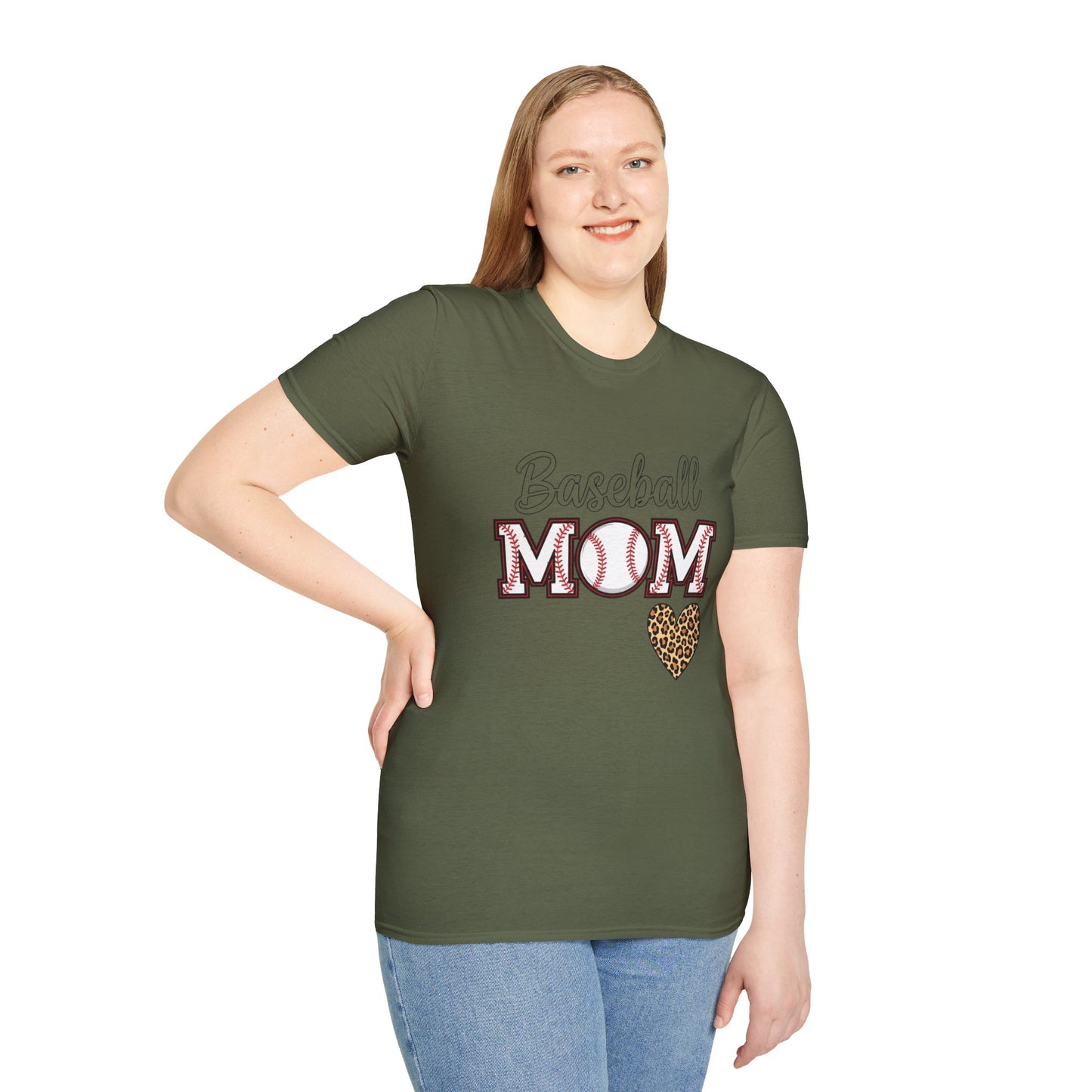 Baseball Mom Leopard Heart T-Shirt – Softstyle Unisex Tee | Trendy Game Day Shirt | Cute Animal Print Baseball Mom Top