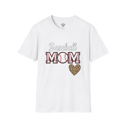 Baseball Mom Leopard Heart T-Shirt – Softstyle Unisex Tee | Trendy Game Day Shirt | Cute Animal Print Baseball Mom Top