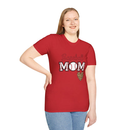 Baseball Mom Leopard Heart T-Shirt – Softstyle Unisex Tee | Trendy Game Day Shirt | Cute Animal Print Baseball Mom Top