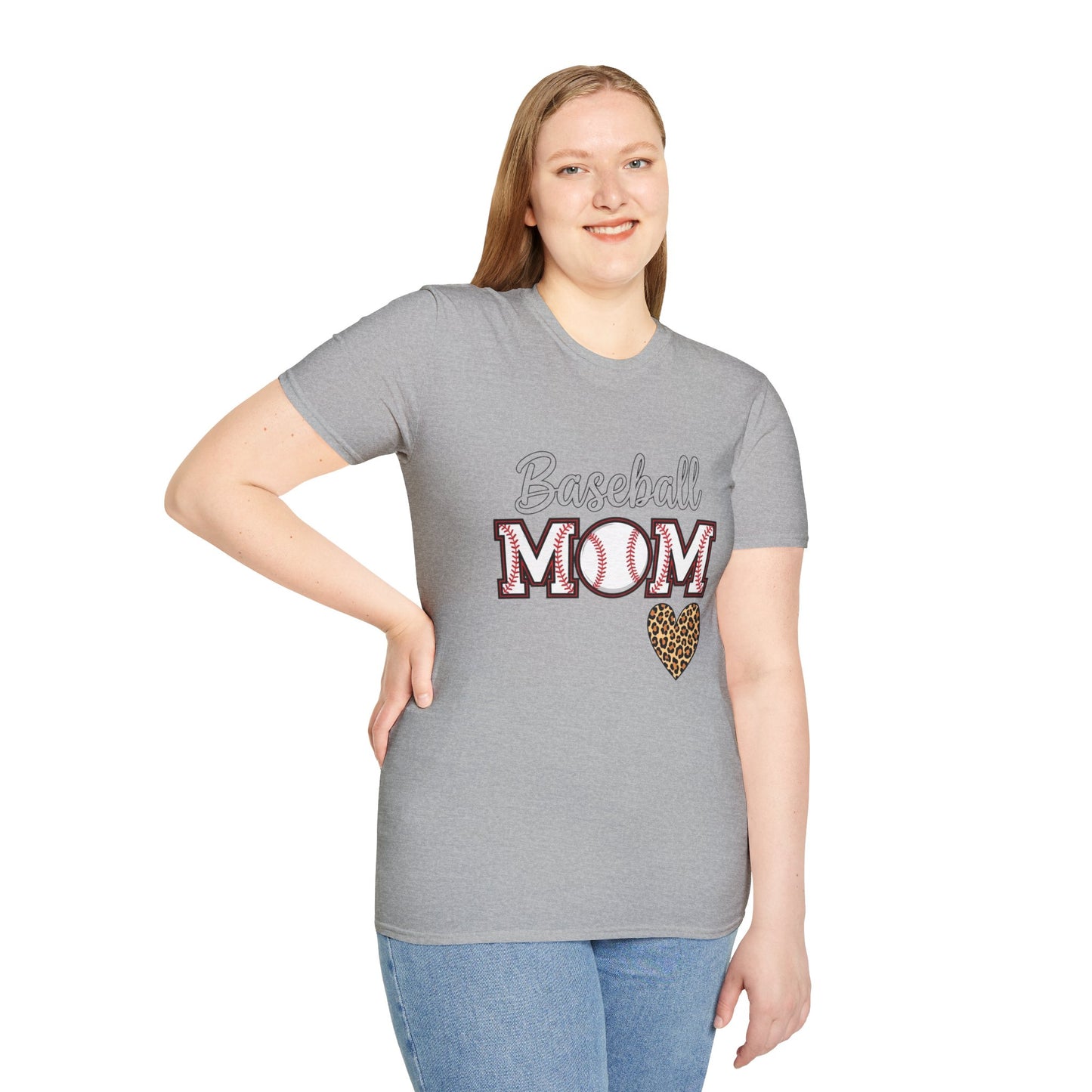 Baseball Mom Leopard Heart T-Shirt – Softstyle Unisex Tee | Trendy Game Day Shirt | Cute Animal Print Baseball Mom Top