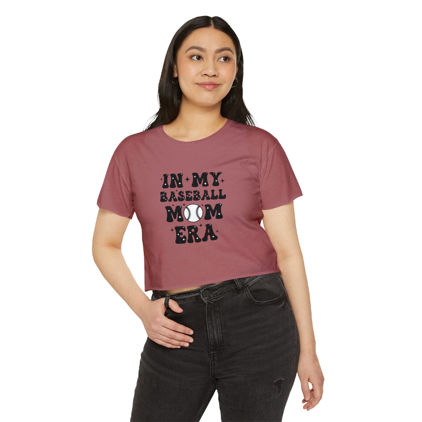 Baseball Mom Crop Top – In My Baseball Mom Era Festival Tee | Lightweight Scoop Neck Crop Shirt | Trendy Game Day Apparel