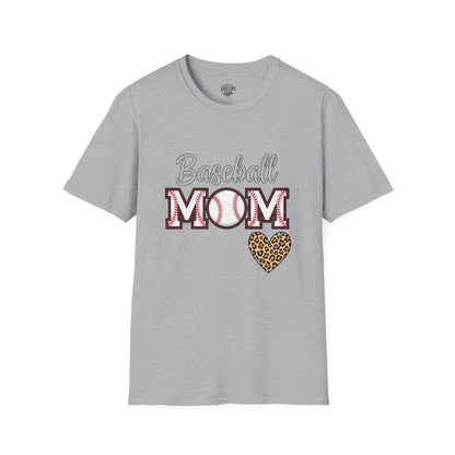 Baseball Mom Leopard Heart T-Shirt – Softstyle Unisex Tee | Trendy Game Day Shirt | Cute Animal Print Baseball Mom Top
