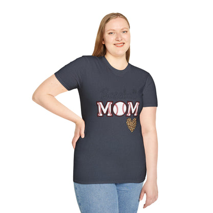 Baseball Mom Leopard Heart T-Shirt – Softstyle Unisex Tee | Trendy Game Day Shirt | Cute Animal Print Baseball Mom Top