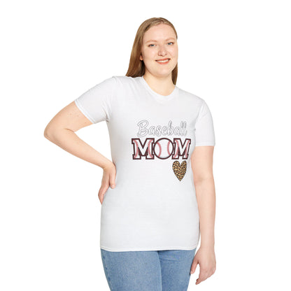 Baseball Mom Leopard Heart T-Shirt – Softstyle Unisex Tee | Trendy Game Day Shirt | Cute Animal Print Baseball Mom Top